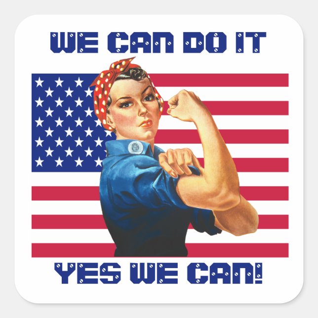 Rosie the Riveter mit Motivierend Slogan unter US- Quadratischer Aufkleber (Vorderseite)