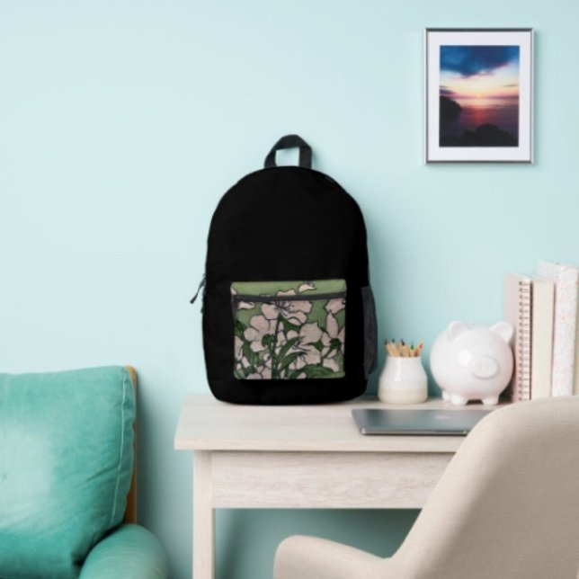 Rosige Blütenkaskade Bedruckter Rucksack (Backpack – D: 17"x12.5"x5" Two-chamber design with laptop storage pouch. Mesh side pocket.
 )
