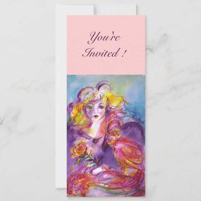 ROSINA/LADY MIT ROSE UND PARROT Rosa Blau Einladung (Vorderseite)