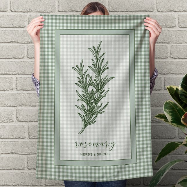 Rosmarin-Küchenhandtuch – grüne Gingham-Bordüre Geschirrtuch (Rosemary Herb Kitchen Towel – Green Gingham Border)