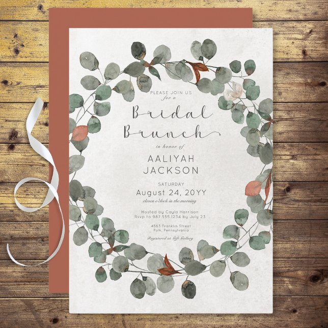 Rost & Green Eucalyptus Moderner Bridal Brunch Einladung (Rust & Green Eucalyptus Modern Bridal Brunch Invitation)