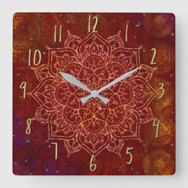 Rost-rotes Mandala-Goldbezauberndes modernes Chic Quadratische Wanduhr (Vorderseite)