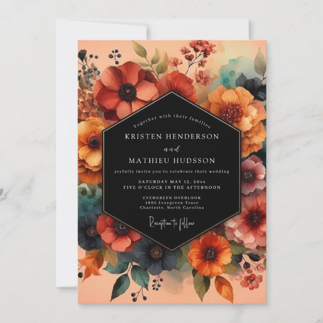 Rost Teal Schwermütige Florale Hochzeit Einladung (Vorderseite)
