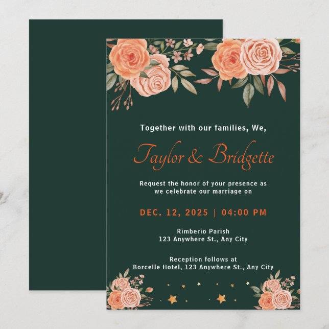 Rost und Smaragdgrüne Hochzeit im Herbst Einladung (Vorne/Hinten)