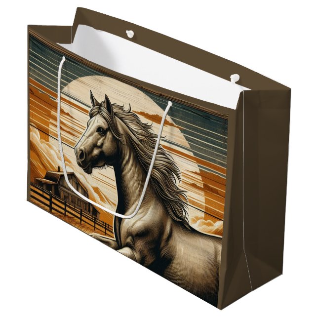 Rost/Vintages Pferd/Western Große Geschenktüte (Vorderseite Schrägansicht)