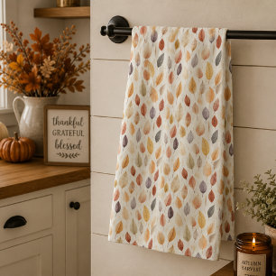 Rostbraun Creme Grau Wasserfarben Herbstblattmuste Geschirrtuch