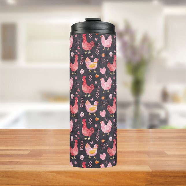 Roster Hennen Bauernhof schwarz rosa Thermosbecher (Von Creator hochgeladen)