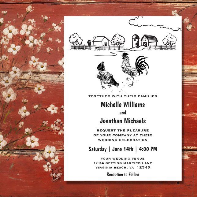 Roster und Henne Hühner Charming Farm Wedding Einladung (Front - Rooster and Hen Chickens Charming Farm Wedding Invitation)