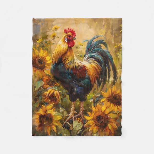 Roster und Sonnenblumen Ölgemälde Fleecedecke (Vorderseite)