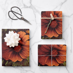 Rostfarbener Vintage-Blumenprint Geschenkpapier Set