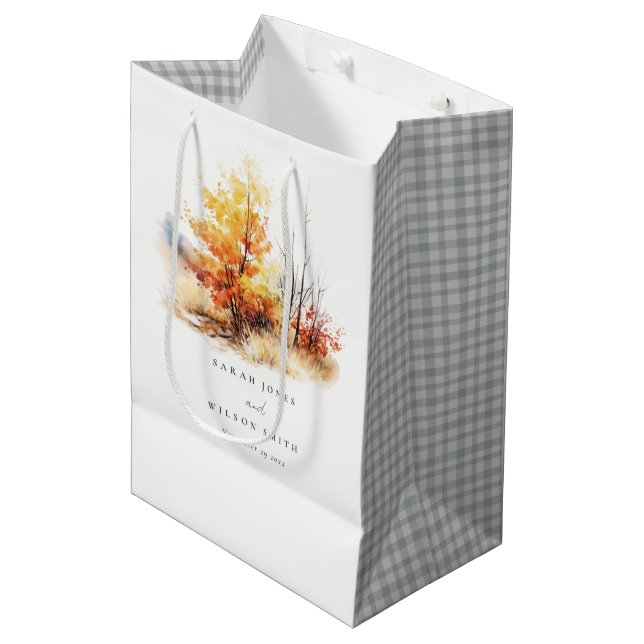 Rostgelbe Herbstlandschaft Karierte Hochzeit Mittlere Geschenktüte (Vorderseite Schrägansicht)