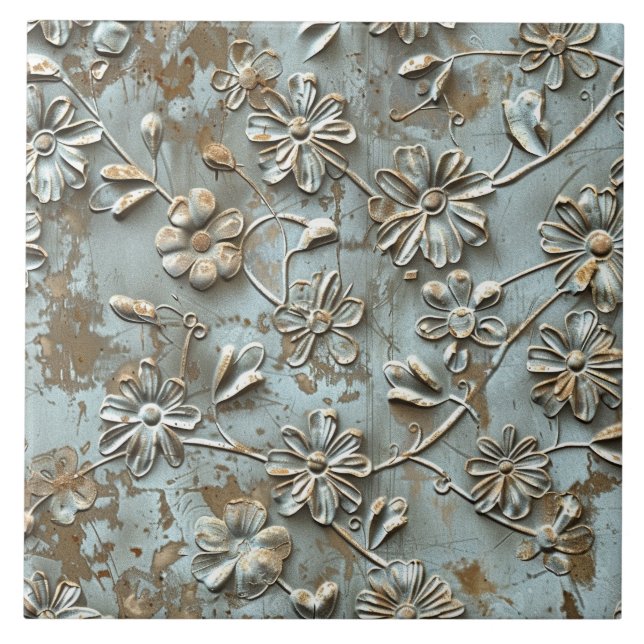 Rostige Metall Antique Blumen  Fliese (Vorderseite)