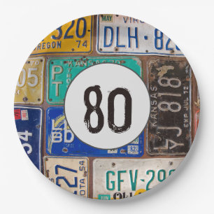Rostiges Nummernschild 80. Geburtstag Pappteller
