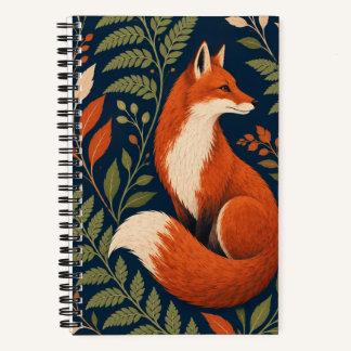 Rostorange Fuchs mit Navy-Farnen Softcover Notizbuch