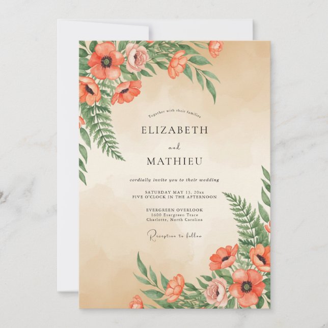 Rostrote Mohn-Farn-Hochzeit Einladung (Vorderseite)
