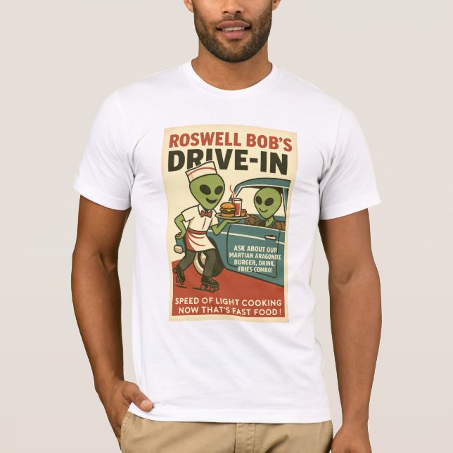 Roswell Außerirdischen Retro des Martian Drive-In  T-Shirt (Vorderseite)