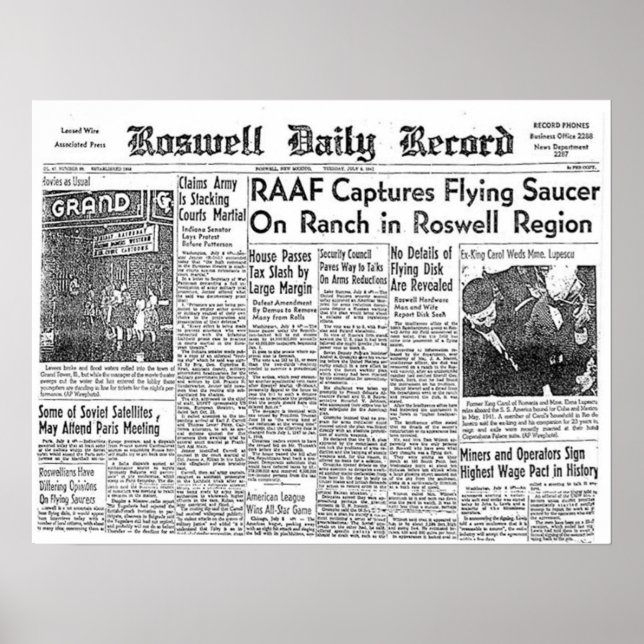 Roswell UFO Incident Newspaper Clipping Poster (Vorne)