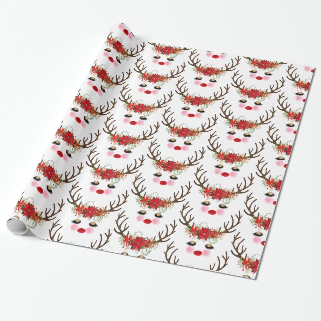 Rosy Cheeks Gold Eyes Floral Reindeer Holiday Geschenkpapier (Ungerollt)