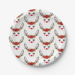 Rosy Cheeks Gold Eyes Floral Reindeer Holiday Pappteller