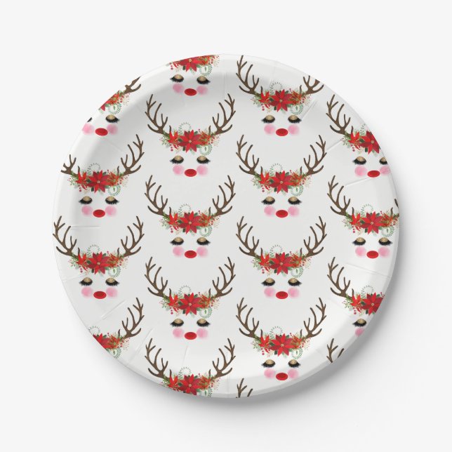 Rosy Cheeks Gold Eyes Floral Reindeer Holiday Pappteller (Vorderseite)