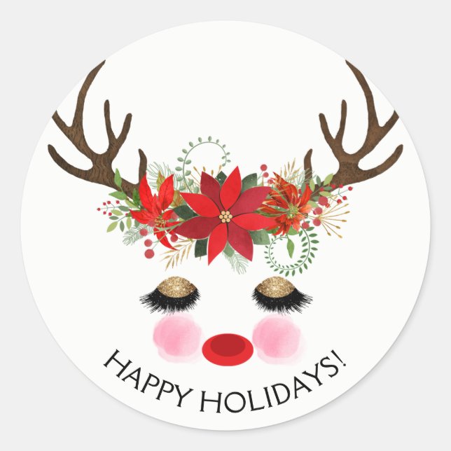 Rosy Cheeks Gold Eyes Floral Reindeer Holiday Runder Aufkleber (Vorderseite)