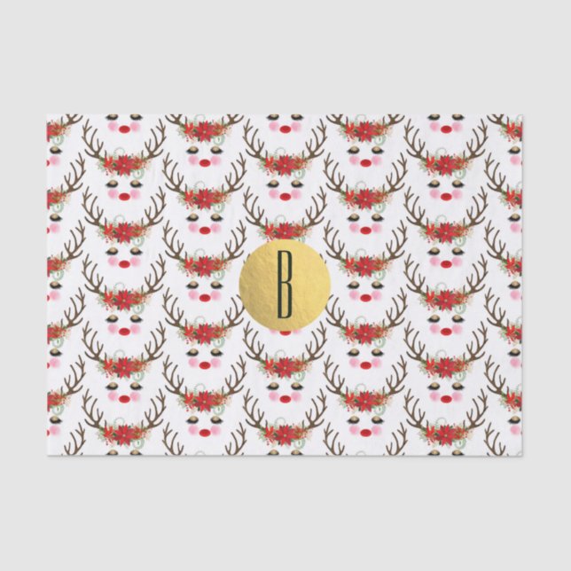 Rosy Cheeks Gold Eyes Floral Reindeer Holiday Seidenpapier (Vorderseite)