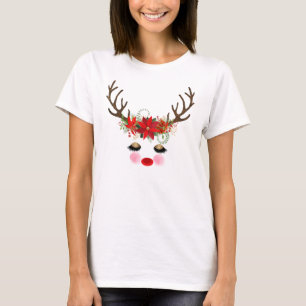 Rosy Cheeks Gold Eyes Floral Reindeer Holiday T-Shirt
