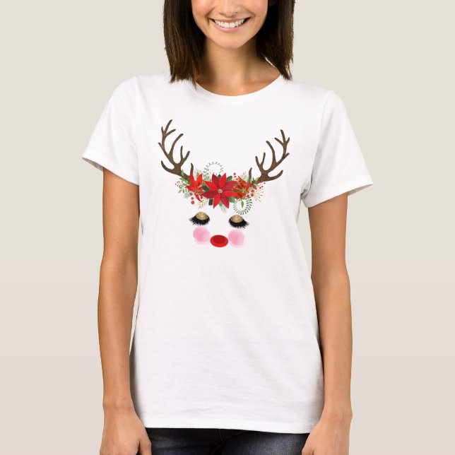 Rosy Cheeks Gold Eyes Floral Reindeer Holiday T-Shirt (Vorderseite)