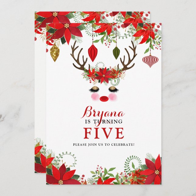 Rosy Cheeks Gold Eyes Reindeer BIRTHDAY PARTY Einladung (Vorne/Hinten)