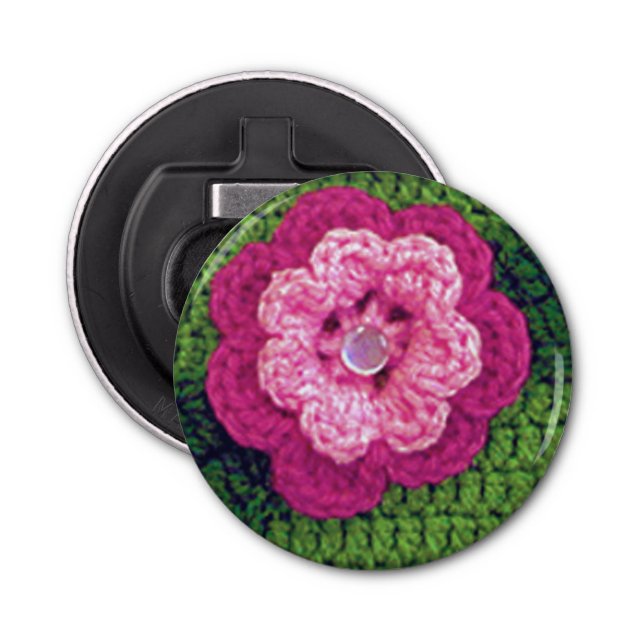 Rosy Pink Blume Natural Green Crochet Print Flaschenöffner (Vorderseite)