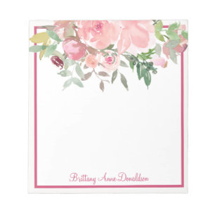 Rosy pink Watercolor Floral Name personalisieren Notizblock