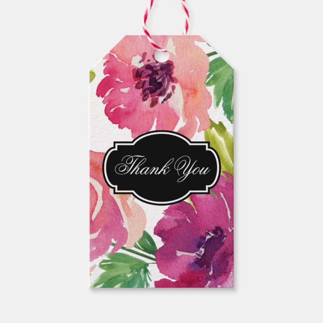 Rosy Pink Watercolor Floral Vielen Dank Geschenkanhänger (Vorderseite)