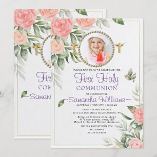 Rosy Watercolor Blush Floral Erste Kommune Einladung
