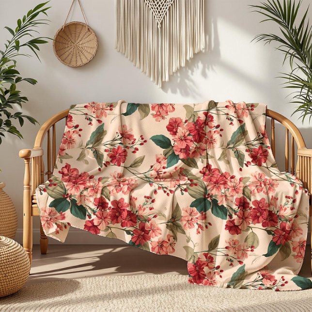 Rot auf Rosa Hibiskus Bloral Fleecedecke (Von Creator hochgeladen)