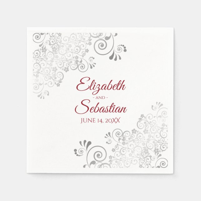 Rot auf Weiß mit Silver Frills Elegante Hochzeit Serviette (Vorderseite)