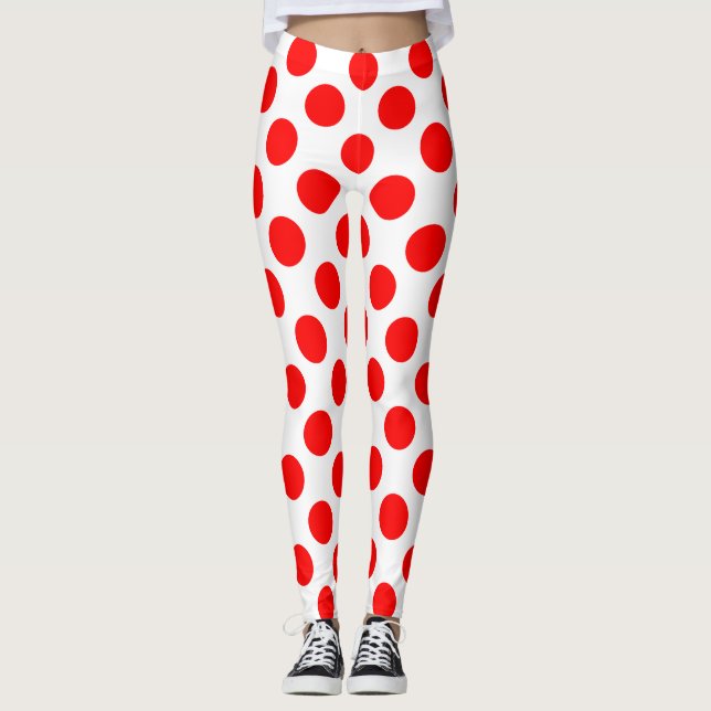 Rot auf weiße große Polka-Punkte Leggings (Vorderseite)