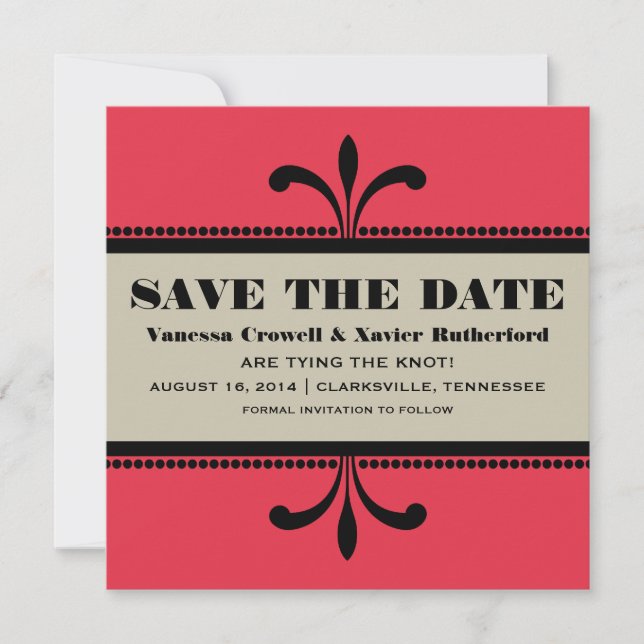 Rot/Beige Extravagant Art Deco Save the Date laden (Vorderseite)