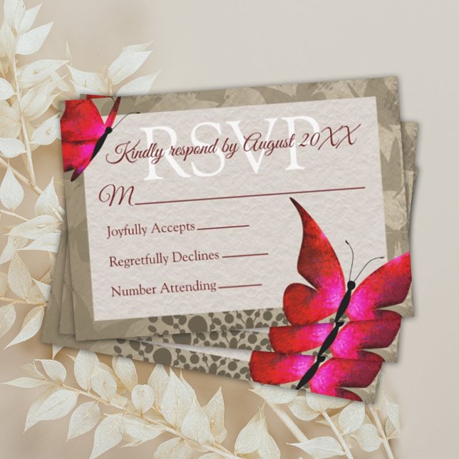 Rot, Beige Vintager Schmetterling Quinceañera UAWG Hinweiskarte (Red quinceanera rsvp cards, beige border red butterflies, mis quince reply response cards)