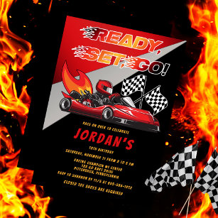 Rot   Black Go Kart Racing Birthday Einladung