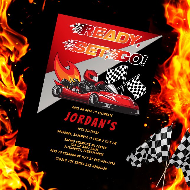 Rot | Black Go Kart Racing Birthday Einladung (Red and Black Go Kart Racing Birthday Invitation)