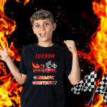 Rot | Black Go Kart Racing Geburtstag<br><div class="desc">Rennen Sie sich weiter und feiern Sie einen kart rennen Geburtstag. Dieses Geburtstagsgeschenk mit einem roten und schwarzen Go-Kart mit einem roten Helm und Flammen, die auf der Rückseite des Go-Kart schießen. Die Wörter "Bereit, Set, Go!" werden auch in einem brennenden Farbverlauf ausgeführt. Ein paar karierte Flaggen schwenken den Fahrer...</div>
