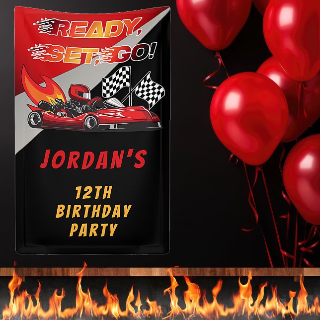Rot | Black Go Kart Racing Geburtstag Banner (Red and Black Go Kart Racing Kid's Birthday Party "Ready, Set, Go!" Banner)