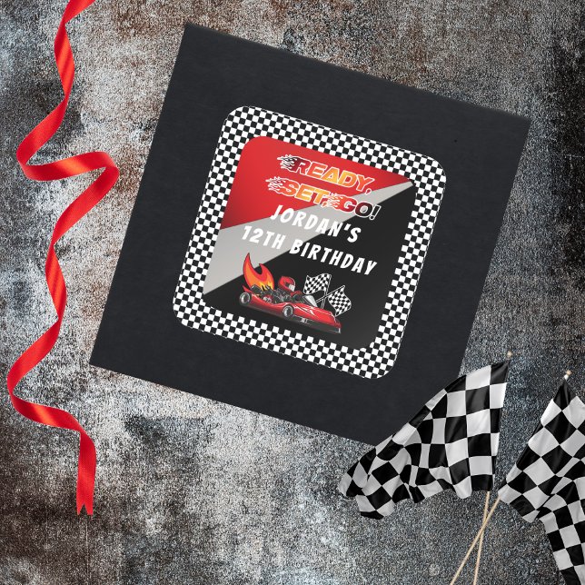 Rot | Black Go Kart Racing Geburtstag Quadratischer Aufkleber (Red and Black Go Kart Racing Kid's Birthday Party "Ready, Set, Go!" Sticker)