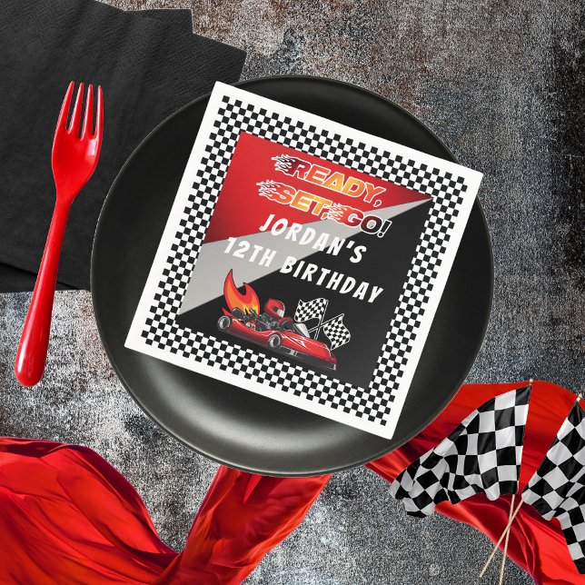 Rot | Black Go Kart Racing Geburtstag Serviette (Red and Black Go Kart Racing Kid's Birthday Party "Ready, Set, Go!" Paper Napkins)