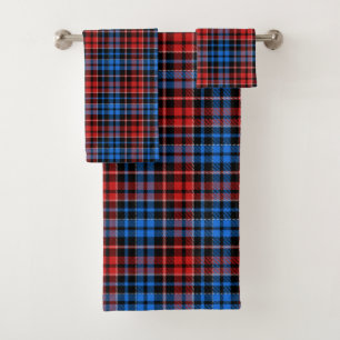 Rot Blau auf Schwarz Kariertes Tartan Design Badhandtuch Set