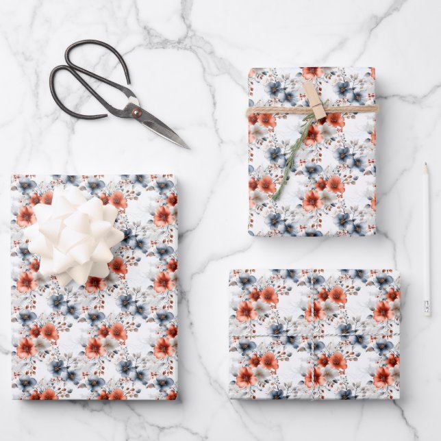 Rot & Blau Blütenblüte in Weiß Geschenkpapier Set (Vorderseite)