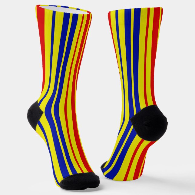 Rot Blau Gelb Streifen Muster Design  Socken (Gewinkelt)