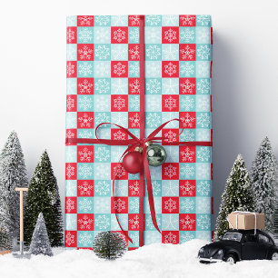 Rot Blau Kariertes Schneeflocken Weihnachten Geschenkpapier