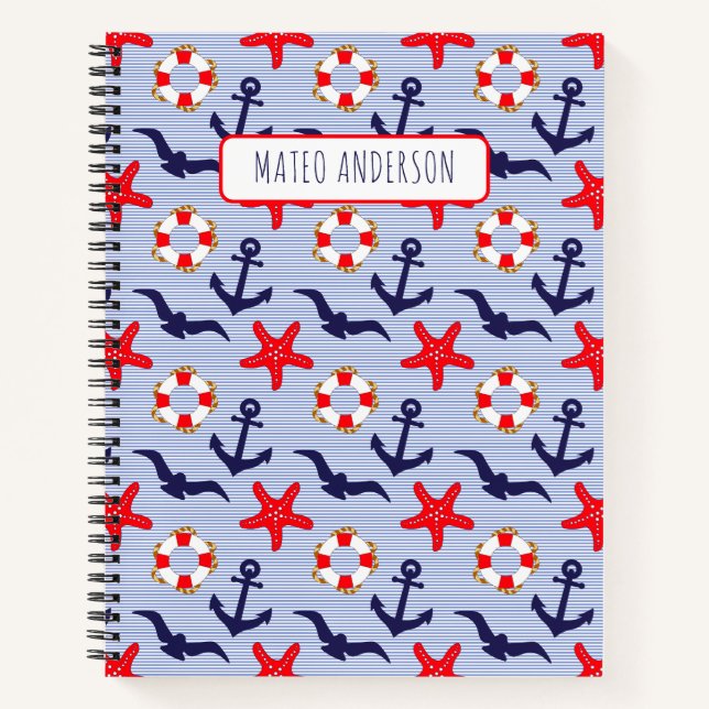 Rot & Blau Nautisch, Seestern & Möwe Custom Notizbuch (Vorderseite)
