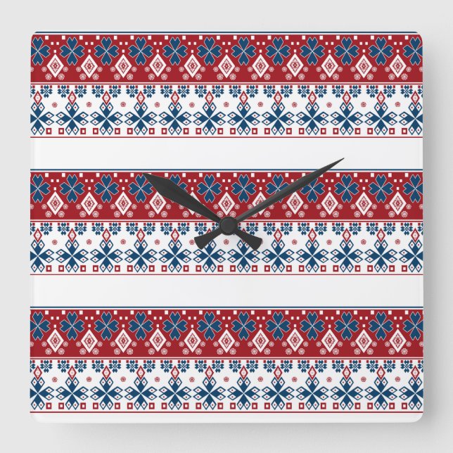 Rot-Blau-Ornament Quadratische Wanduhr (Vorderseite)